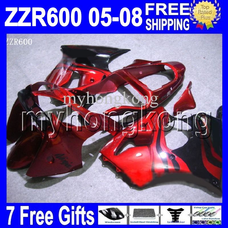 7Gifts Custom Hot Red Flames Black för ZZR 600 Kawasaki ZZR-600 05 06 07 08 - ZZR600 Red BLK MK # 1301 6R 2005 2007 2007 2008 FAIRING