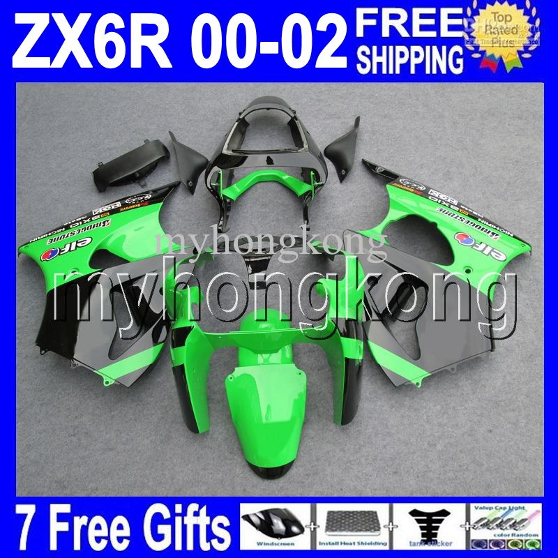 Grön Svart 7Gifts Gratis Anpassad Hot för Kawasaki 00 01 02 ZX-6R ZX636 Hot Green MK # 721 ZX-636 2000 2001 2002 ZX6R ZX 6R 636 Fairings