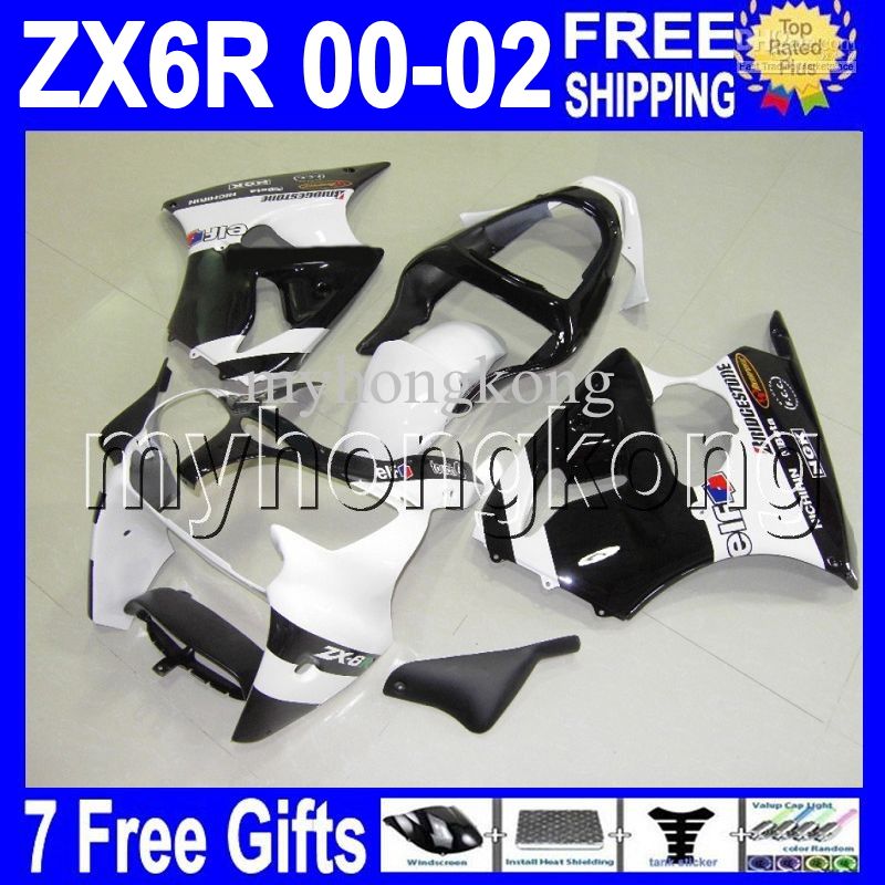 7Gifts Svart Vit Gratis Anpassad Hot för Kawasaki ZX-6R 00 01 02 ZX636 ZX-636 ZX6R MK # 707 Vit Svart ZX 6R 636 2000 2001 2002 Fairing