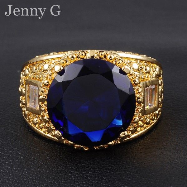 

Size 9-13 Jenny G Jewelry Big 15ct Blue Sapphire Gemstone 18K Yellow Gold Filled Gem Ring for Men Nice Gift