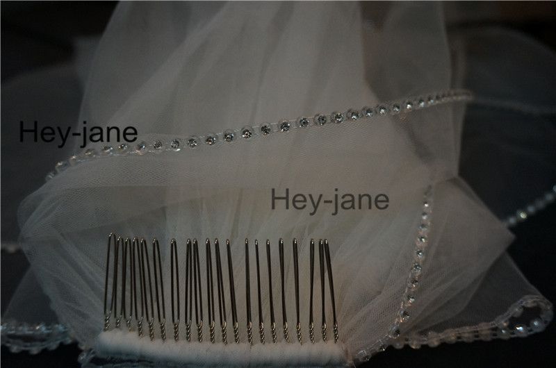 One Layer Wedding Bridal Veil white ivory Elbow Length Crystal Beaded With Comb Real Picture247p
