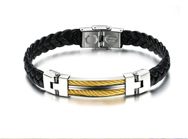 18g N765 classic XMAS gift jewelry leather Stainless Steel Men's charm Bracelet silve gold