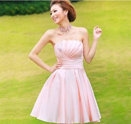 Cheap Free Shipping Custom Made Pink Ruffle Beading Satin Short Bridesmaid Dress Party Dress