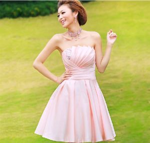 Cheap Free Shipping Custom Made Pink Ruffle Beading Satin Short Bridesmaid Dress Party Dress