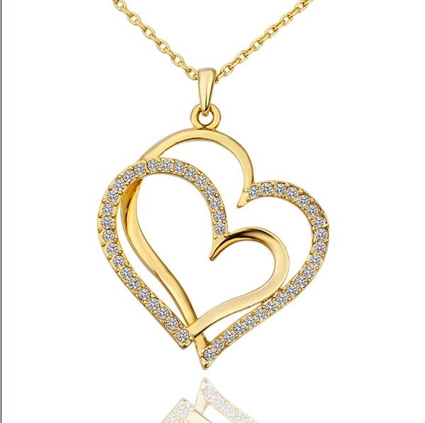 Bijoux de mode 18K plaqué or strass cristal double coeur pendentif collier Saint-Valentin cadeau pour les femmes livraison gratuite 10pcs / lot