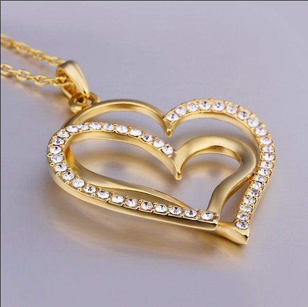 Bijoux de mode 18K plaqué or strass cristal double coeur pendentif collier Saint-Valentin cadeau pour les femmes livraison gratuite / 