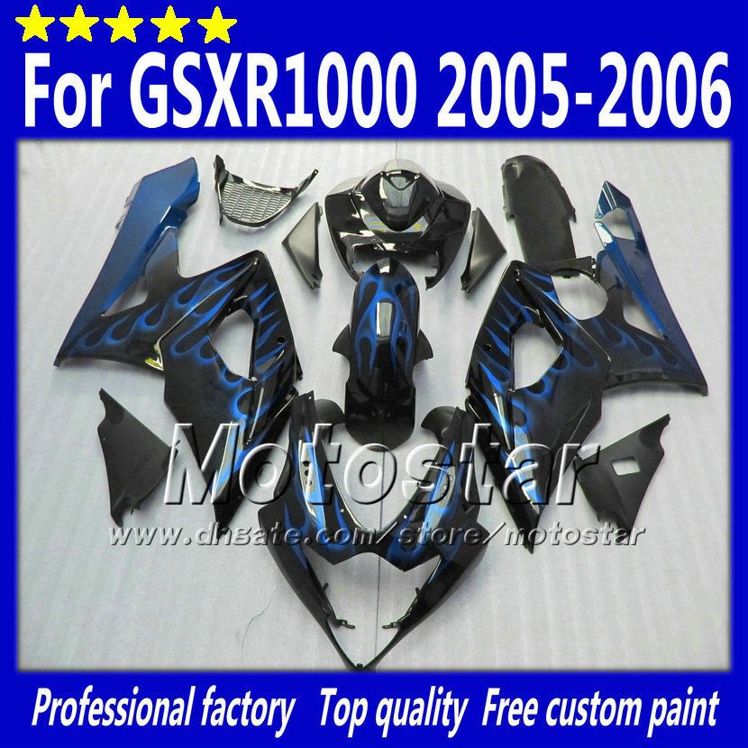 

7 gifts fairings set for suzuki gsxr1000 05 06 gsxr1000 2005 gsxr 1000 2006 k5 blue flame in glossy black aftermarket fairing sd32, Multi-color