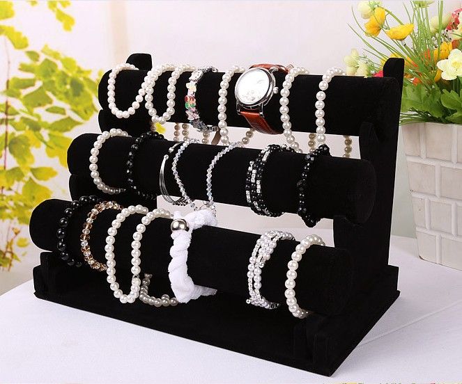 Nya smycken Display Black 3 Layers Velvet Armband Watch Display Jewelry Holder Stand Löstagbar EC12789737