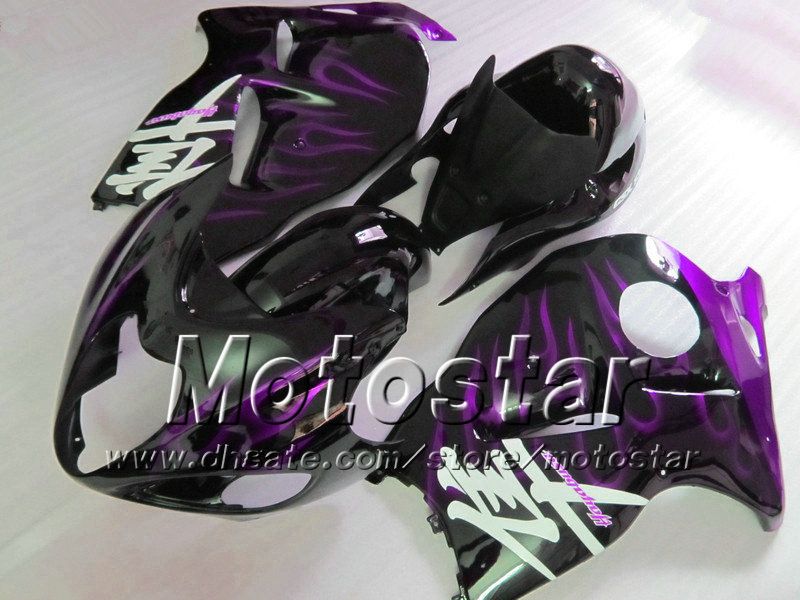 7 Cadeaux carénages abs pour SUZUKI GSX1300R hayabusa 1996 - 2007 GSX 1300R 96-07 GSX-1300R flamme violette en ensemble de carénage noir brillant Sf42