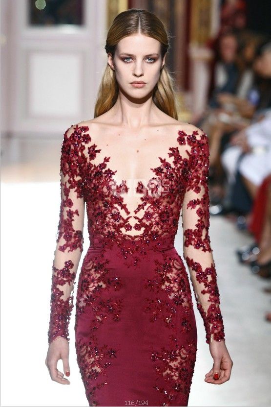 2015 Zuhair Murad Sexy Wine Red Chiffon Lace Appliques Long Sleeves V ...