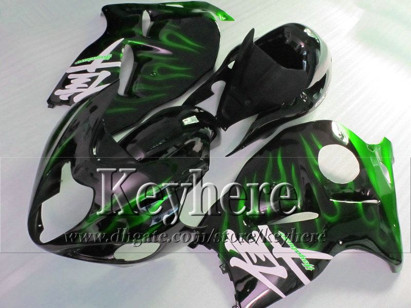 Motorcykel Fairings för GSX-1300R 1996 1997-2007 SUZUKI GSX1300R Hayabusa 96-07 Grön flamma i svart kroppsarbete Faäkning med 7 gåvor JK32