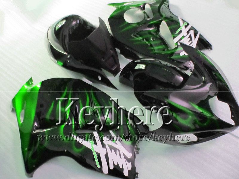 Motorcykel Fairings för GSX-1300R 1996 1997-2007 SUZUKI GSX1300R Hayabusa 96-07 Grön flamma i svart kroppsarbete Faäkning med 7 gåvor JK32