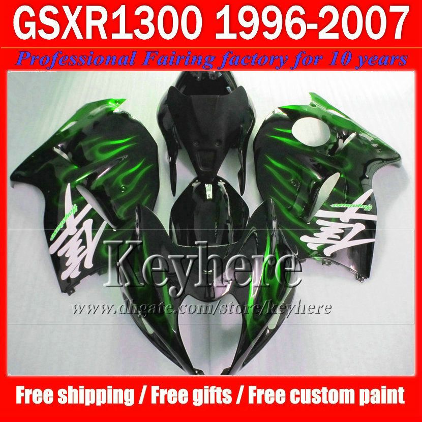 Motorcykel Fairings för GSX-1300R 1996 1997-2007 SUZUKI GSX1300R Hayabusa 96-07 Grön flamma i svart kroppsarbete Faäkning med 7 gåvor JK32