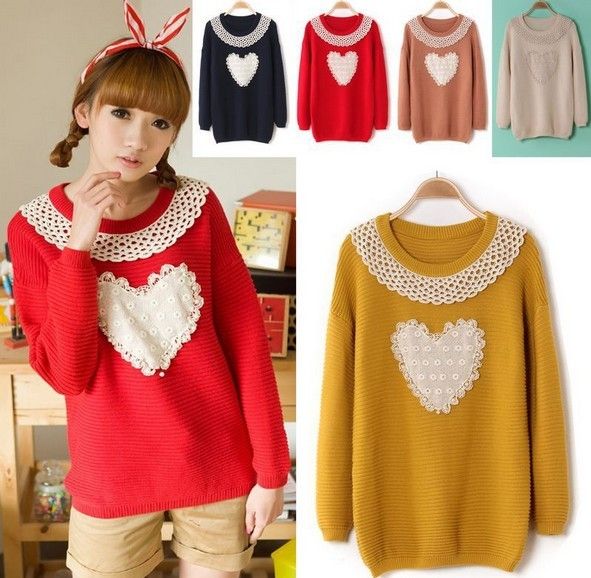 2013 New Fashion Candy Color Loving Heart Bud Silk Lacework Sweater ...