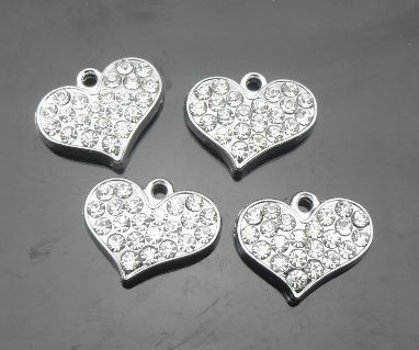 silver rhinestones heart alloy hang pendant charms fit for diy pet collar phone strips