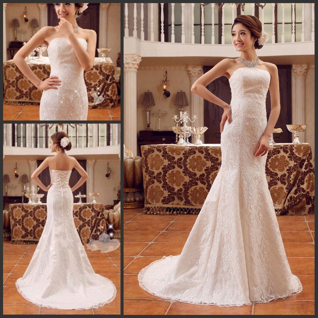 Mermaid Lace Wedding Dresses Under 100 Strapless Fishtail Chapel