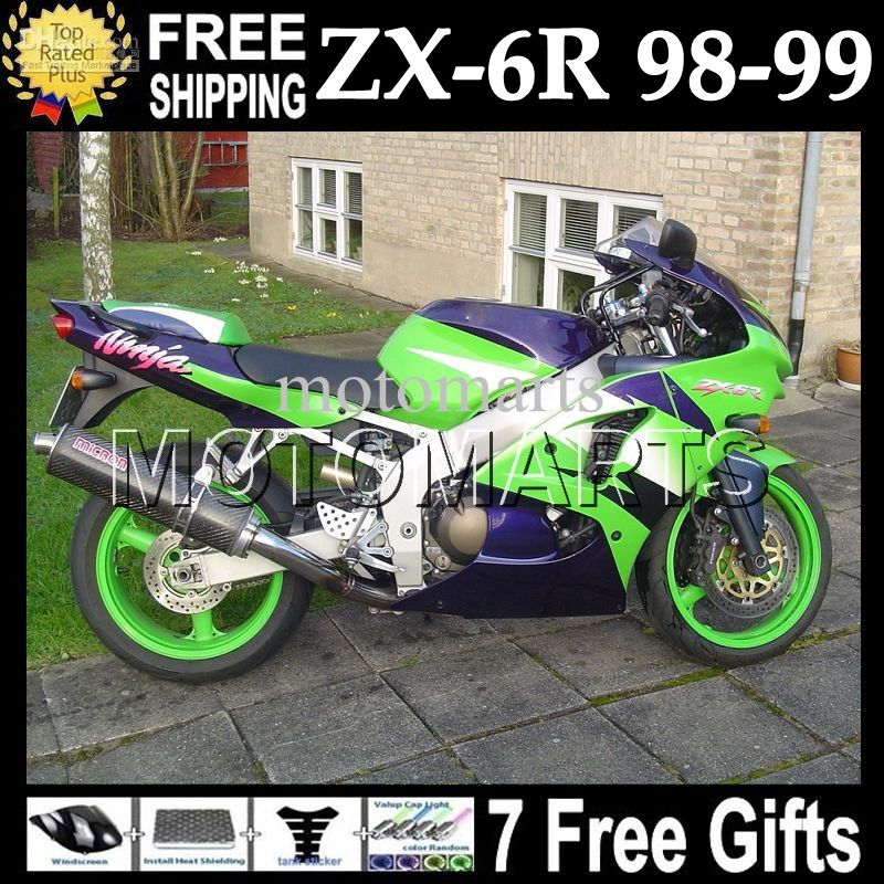 Купить Оптом 7gifts Обычай Для KAWASAKI NINJA ZX6R 98 99 Горячий Зеленый Фиолетовый ZX 6R ZX 636 98 99 ZX 6R 636 6 R MT#616 Кузов ZX636 1998 1999 Зеленый Обтекатель Отmotomarts