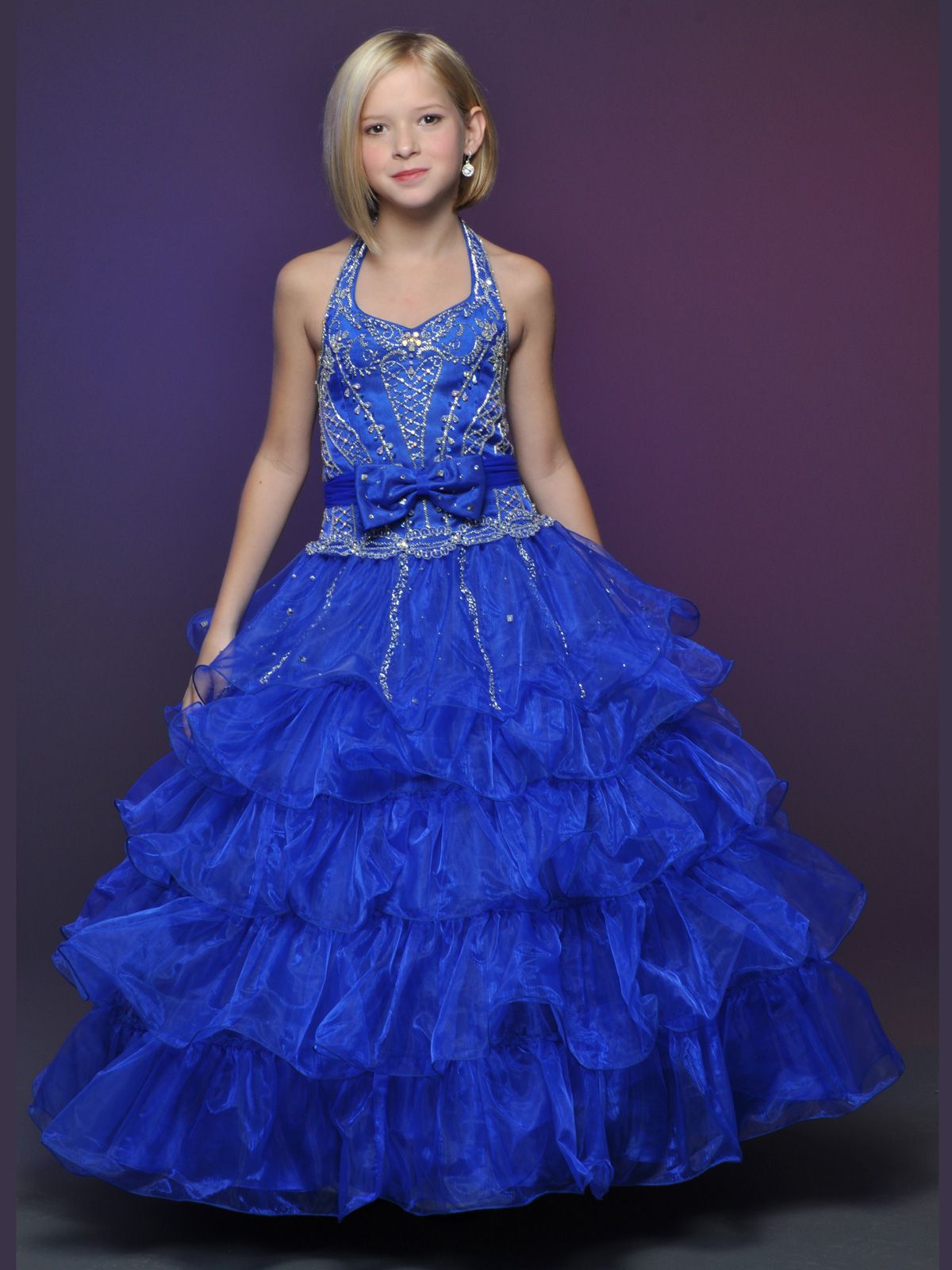 Gorgerous Royal Blue Long Ruffle Ball Gown Organza Little Girls Prom ...