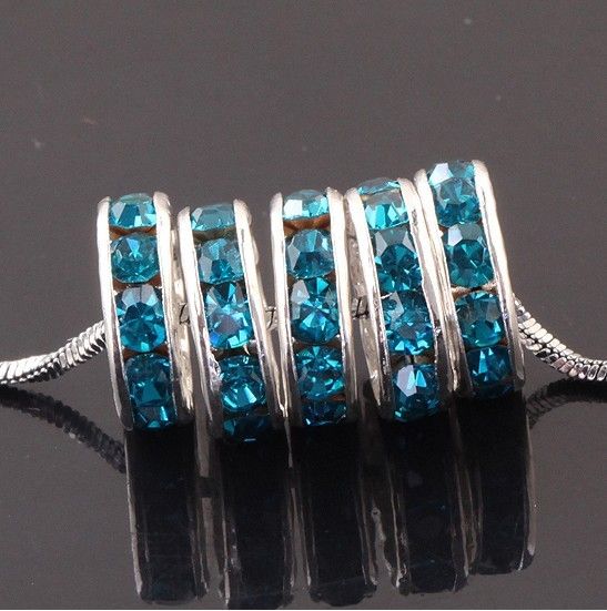 Wholesale Free Shipping 10mm silver plated Ocean Crystal Rhinestone Loose Spacer Charm European Beads Fit Craft Bracelets