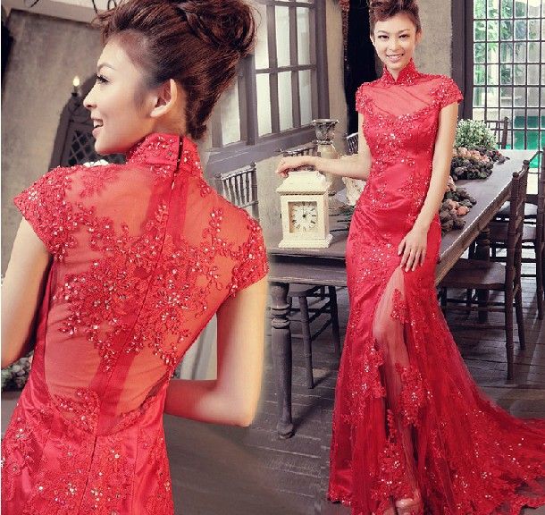 Elegant Red Lace Sheath Column High Neck Short Sleeve Cheongsam Wedding Dresses Bridal Gowns Dress Cheongsam Mermaid Wedding Dres7908019