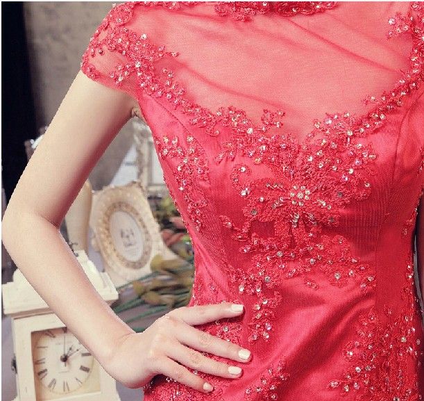 Elegant Red Lace Sheath Column High Neck Short Sleeve Cheongsam Wedding Dresses Bridal Gowns Dress Cheongsam Mermaid Wedding Dres7908019