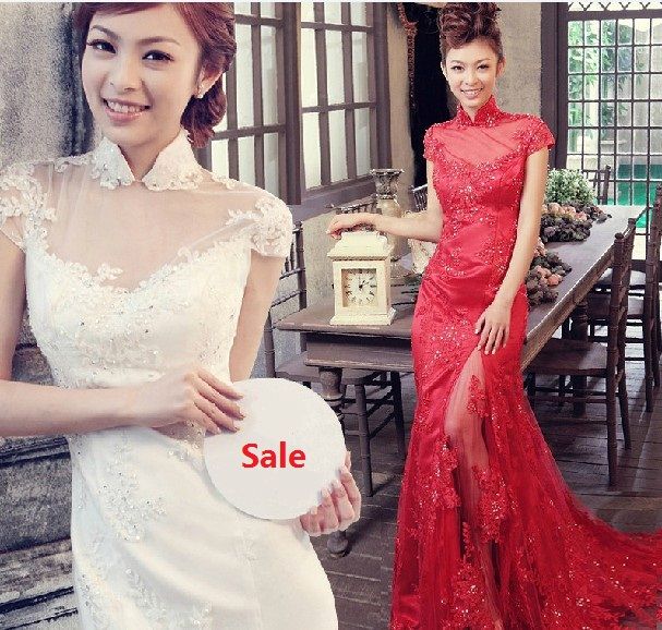 Elegant röd spets mantel kolonn hög hals kort ärm cheongsam bröllopsklänningar brudklänningar klänning cheongsam sjöjungfru bröllop dres1638613