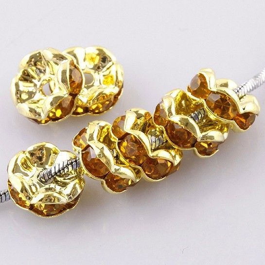 Wholesale 8mm gold plated Crystal Rhinestone Round Loose Spacer Charm European Beads