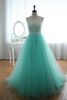 Turkusowy zielony koronki Tulle Prom Dresses linii pełnej długości bez rękawów Ilusion Jewel Neck Formal Evening Party Suknie