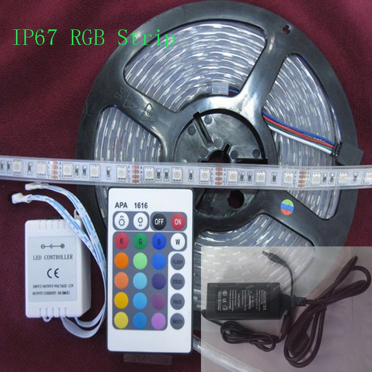 5m 300LED IP67 Tube waterproof RGB 5050 LED Strip Outdoor light + 24 keys IR Remote Controller + 12V 5A power adapter Christmas Gifts