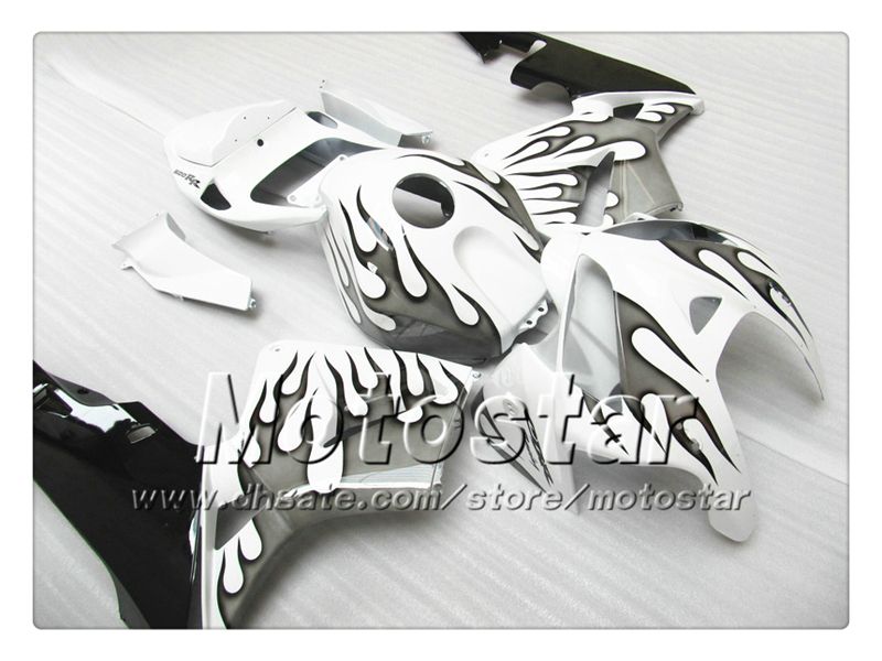 Bodywork Fairings för Honda CBR600RR F5 2005 2006 CBR 600 RR 05 06 CBR 600RR Svart flamma i blank vit Fairing Set ST66