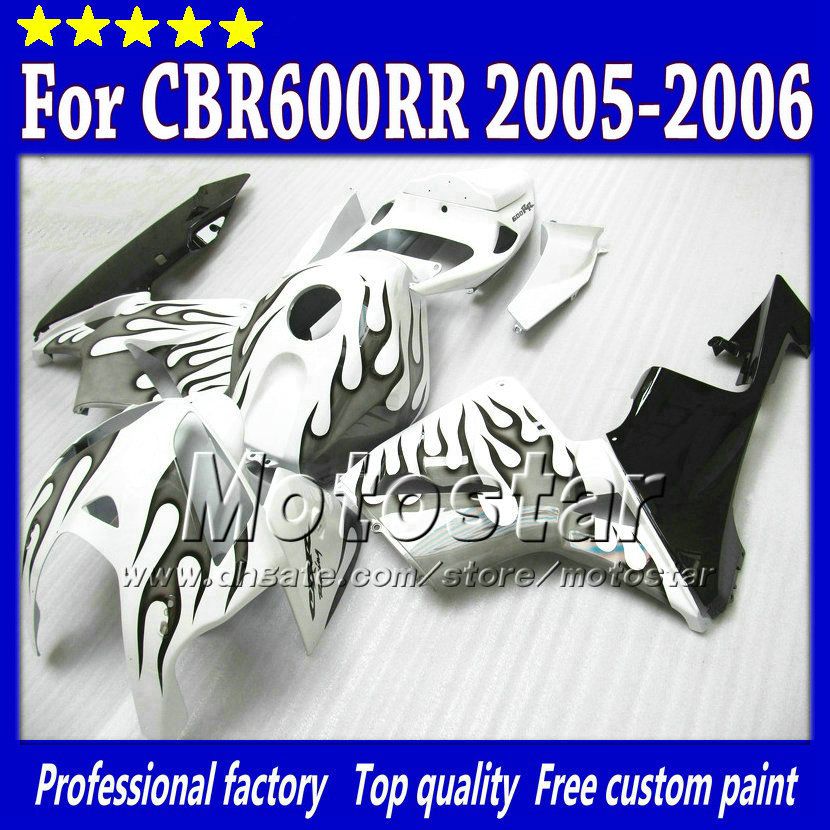 Carrosseriebacks voor HONDA CBR600RR F5 2005 2006 CBR 600 RR 05 06 CBR 600RR Zwarte vlam in glanzende witte kuipenset ST66