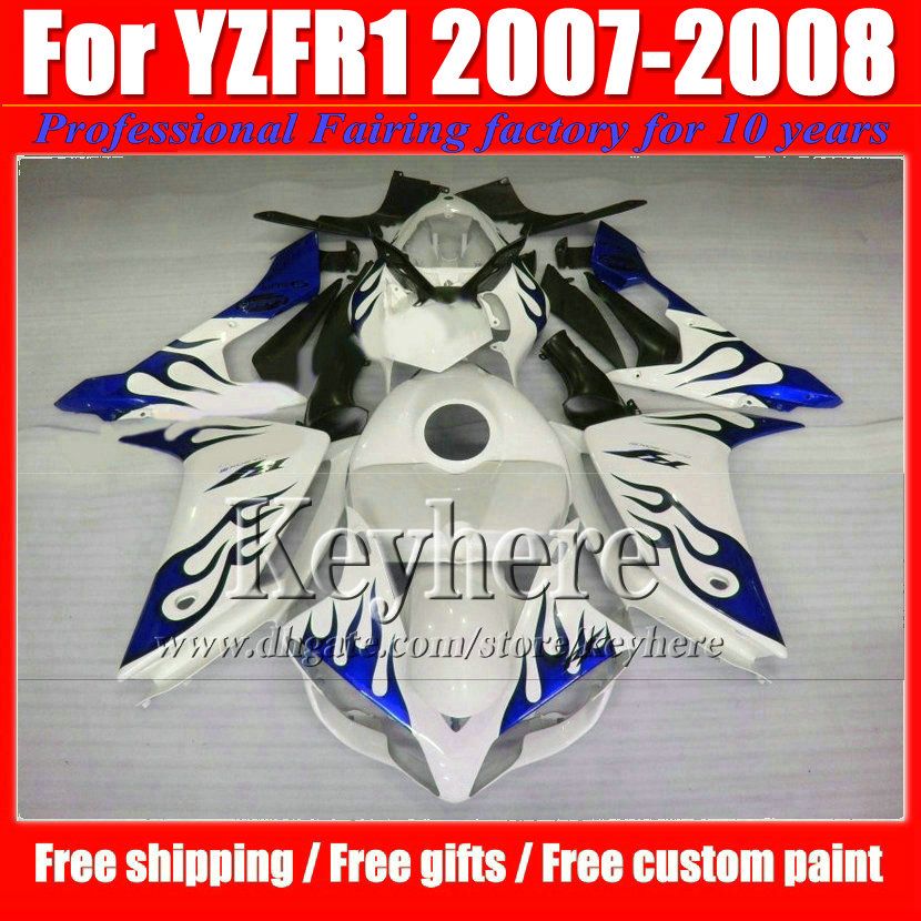 Anpassa motorcykelmässor för Yamaha YZFR1 07 08 ABS FAIRING KIT YZF R1 2007 YZF-R1 2008 Blue Flame In White Body Kits With 7 Gifts IP27