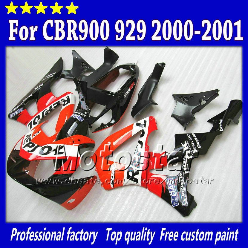 100% injektionsfeedningar för Honda CBR900RR 929 2000 2001 CBR900 929RR CBR929 00 01 CBR929RR Glansig röd svart Repsol Fairing Set SY8