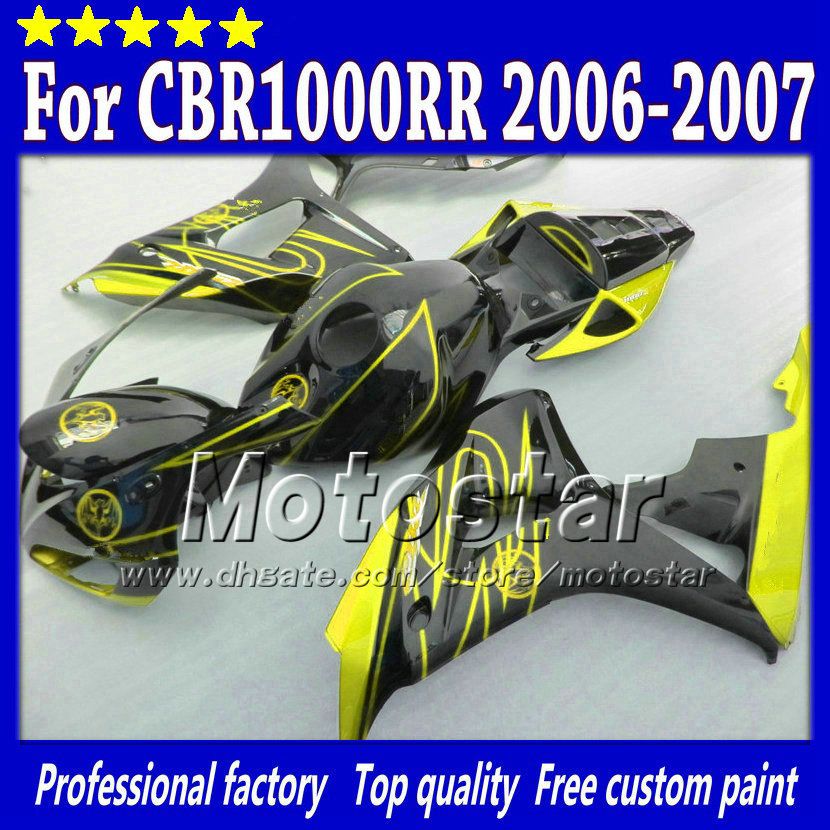 7Gifts injection molding for HONDA cbr1000rr 06 07 abs fairings kit CBR 1000RR fairing 2006 2007 yellow in glossy black body set sy107