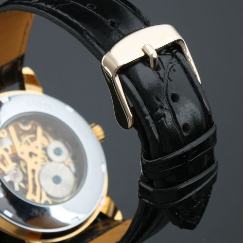 브랜드 수상자 남자 골드 기계식 핸드 윈드 시계 세련된 가죽 골격 기계 손목 시계 