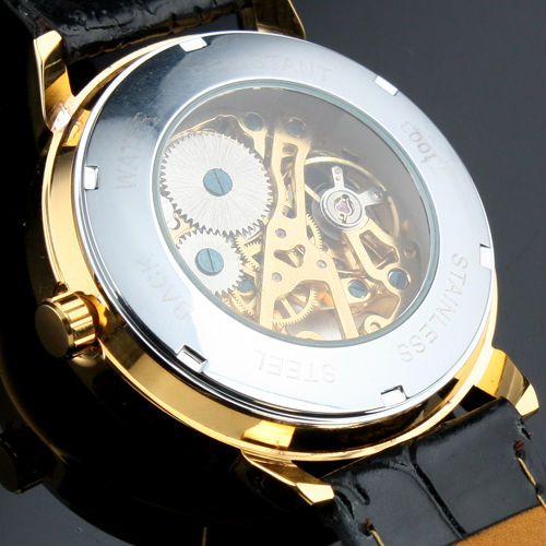 브랜드 수상자 남자 골드 기계식 핸드 윈드 시계 세련된 가죽 골격 기계 손목 시계 