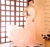 Högkvalitativ Charmig A-Line Halter Sweep Train Beaded Light Pink Bridesmaid Dresses Chiffon Prom Klänningar