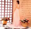 Högkvalitativ Charmig A-Line Halter Sweep Train Beaded Light Pink Bridesmaid Dresses Chiffon Prom Klänningar