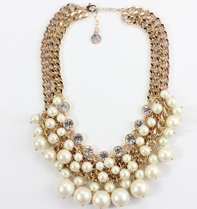2018 Designer Chunky Pearl Necklace Double Gold Chain Luxury Rhinestone
