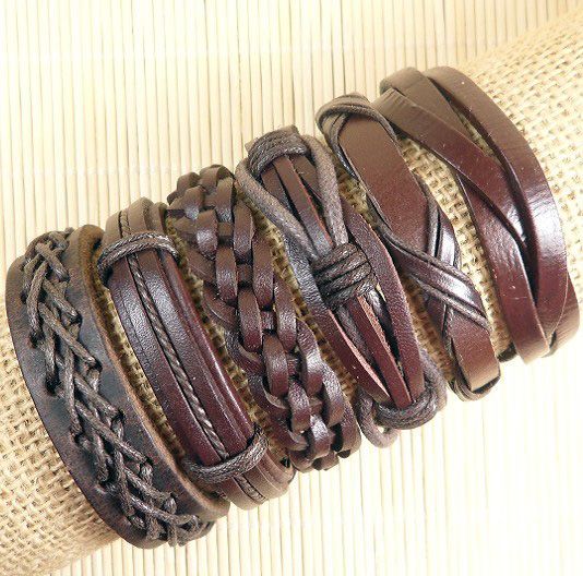 6Pcs/lot Handmade Wholesale Vintage Leather Bracelets For Women Punk Brown Leather Bracelet & Bangle Male Wristband Wrap Men Jewelry D86