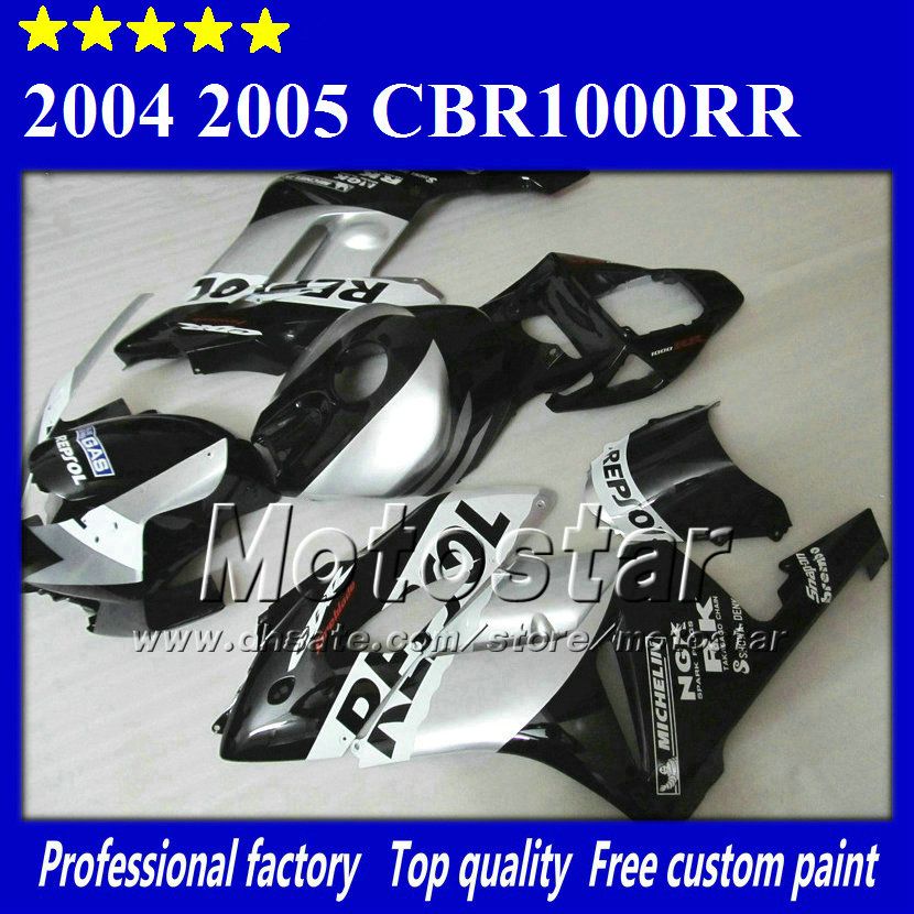 7Gifts voor Honda CBR1000RR-backings carrosserie 04 05 CBR 1000RR Fairing Set 2004 2005 Glossy Black Silver Repsol Si114