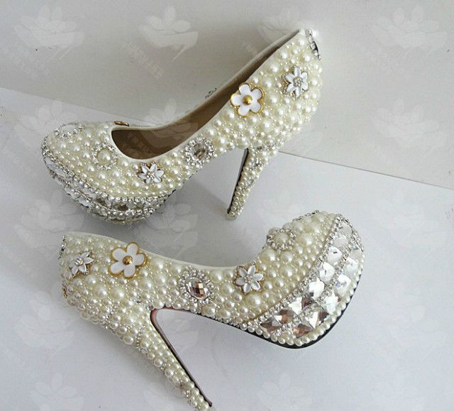 Hot Sale White Ivory High Heeled Wedding Shoes Lace Pearl Princess ...