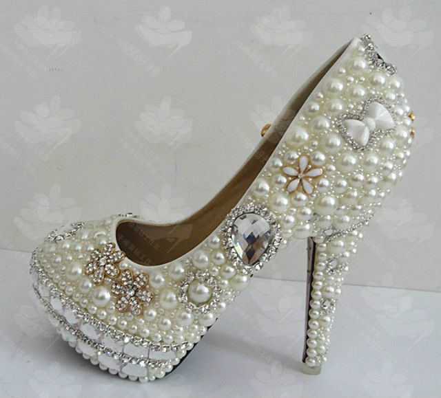 Hot Sale White Ivory High Heeled Wedding Shoes Lace Pearl Princess ...