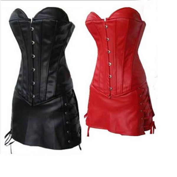 Sexy Burlesque Black/ Red Faux Leather Corset Dress +G-string+ Skirt ...