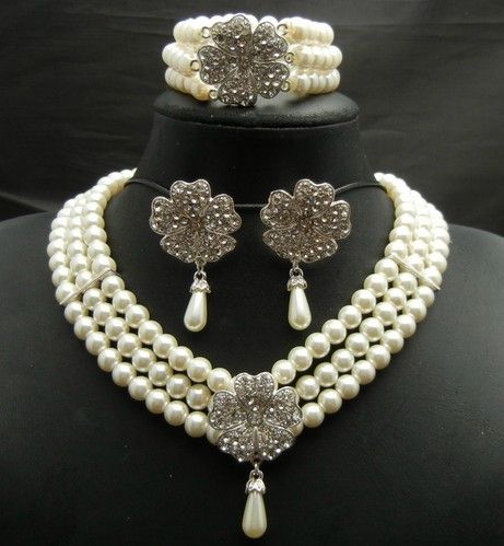 Silver Plated Cream Pearl Bridal Smycken Set Bröllop Halsband Armband och Örhängen Set