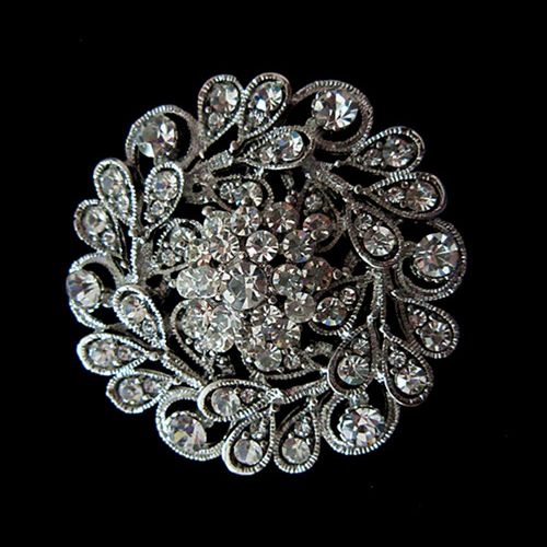 Rhodium Silver Plated Clear Crystal Diamante Elegant Vintage Bridal Brooch Pin
