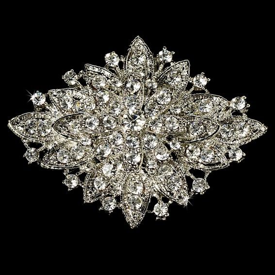 Duża elegancka srebrna broszka w stylu vintage z błyszczącym kryształkiem Rhinestone
