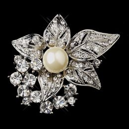 2.2 inch Rhodium Silver Clear Rhinestone Crystal Diamante Leaf and Flower Brooch with Ivory Pearl