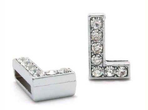 50 stks / partij 8mm L Volledige Rhinestones Bling Slide Letter DIY Charms Fit voor 8mm Lederen Polsband Armband SL00011