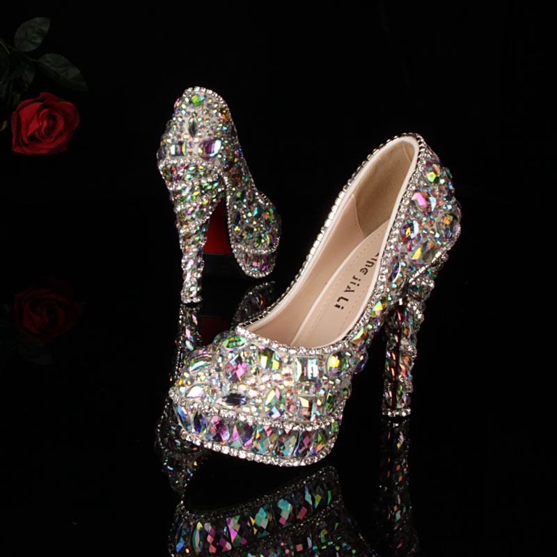 Full Crystal Ladys Formal Shoes Jeweled Beaded Womens 14cm High Heels
